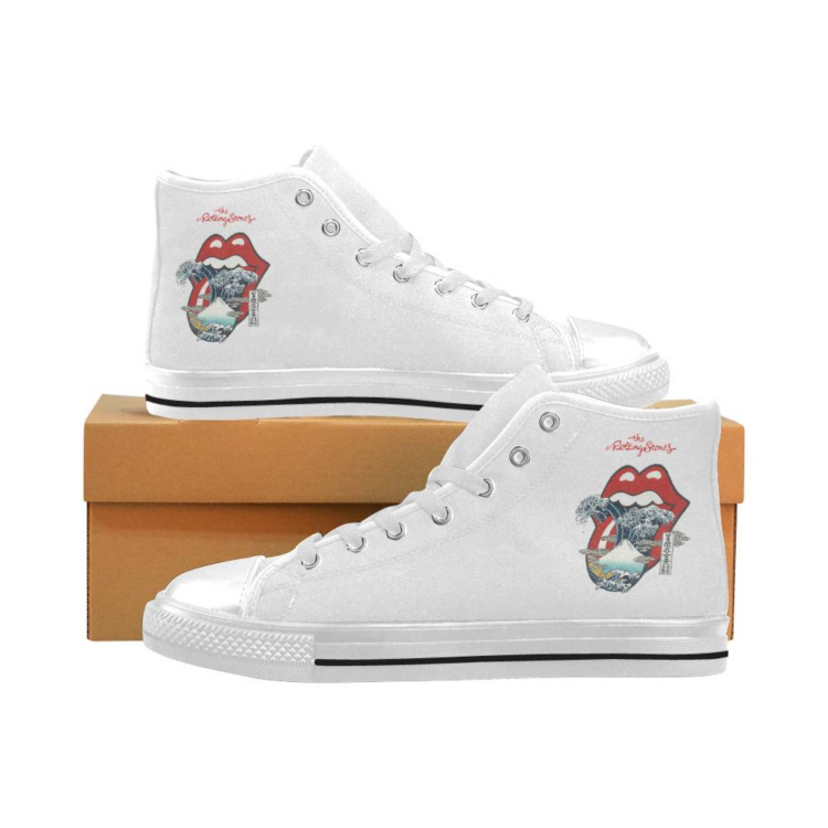 The Rolling Stones Big Red Tongue Great Wave Fuji Mountain Tattoo Japan Style Canvas Shoes,Low Top, High Top, Sport Shoes - All White