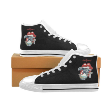 The Rolling Stones Big Red Tongue Great Wave Fuji Mountain Tattoo Japan Style Canvas Shoes,Low Top, High Top, Sport Shoes - Black White