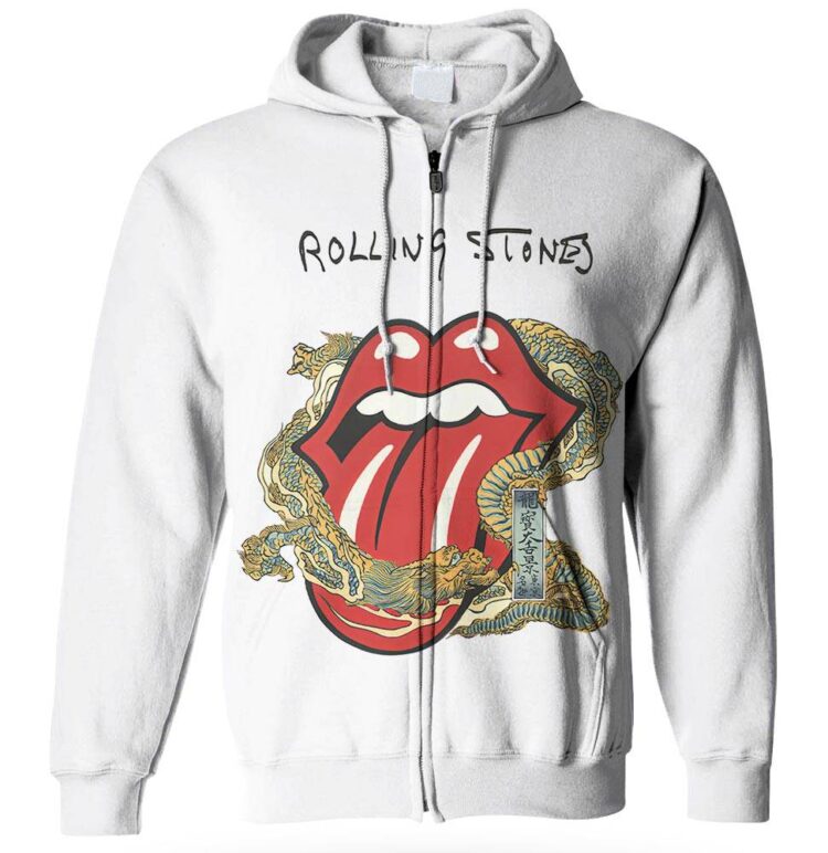 The Rolling Stones Big Tongue Gold Dragon Tattoo Japan Style Shirt - White