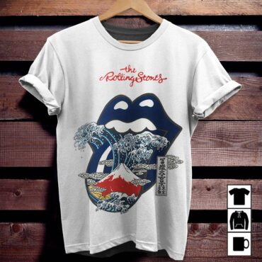 The Rolling Stones Big Tongue Great Wave Fuji Mountain Tattoo Japan Style Shirt - White