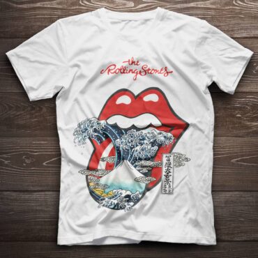 The Rolling Stones Big Red Tongue Great Wave Fuji Mountain Tattoo Japan Style Shirt - White