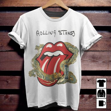 The Rolling Stones Big Tongue Gold Dragon Tattoo Japan Style Shirt - White